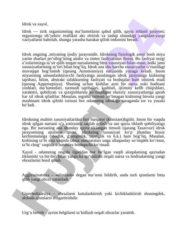 Idrok va xayol: fiziologik asoslari va jarayonlari