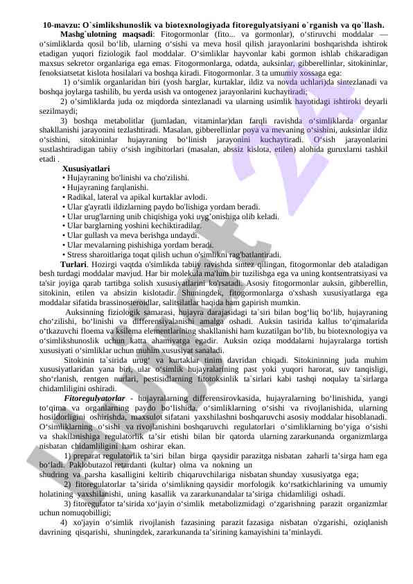 O`simlikshunoslik va biotexnologiyada fitoregulyatsiya