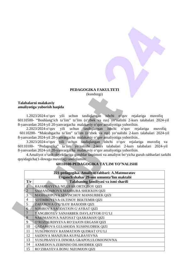 Malakaviy amaliyotga yuborish rejalari 2023/2024