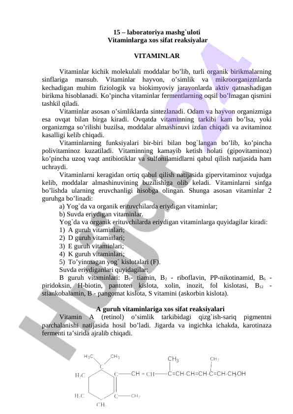 Vitaminlarga xos sifat reaksiyalari tahlili