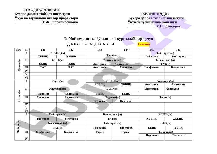 Tibbiy pedagogika yo'nalishi dars jadvali