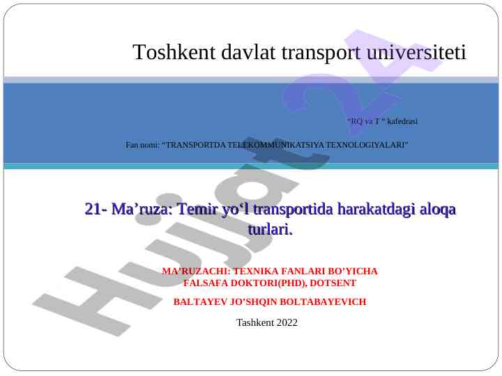 Transportda telekommunikatsiya texnologiyalari ma'ruzasi