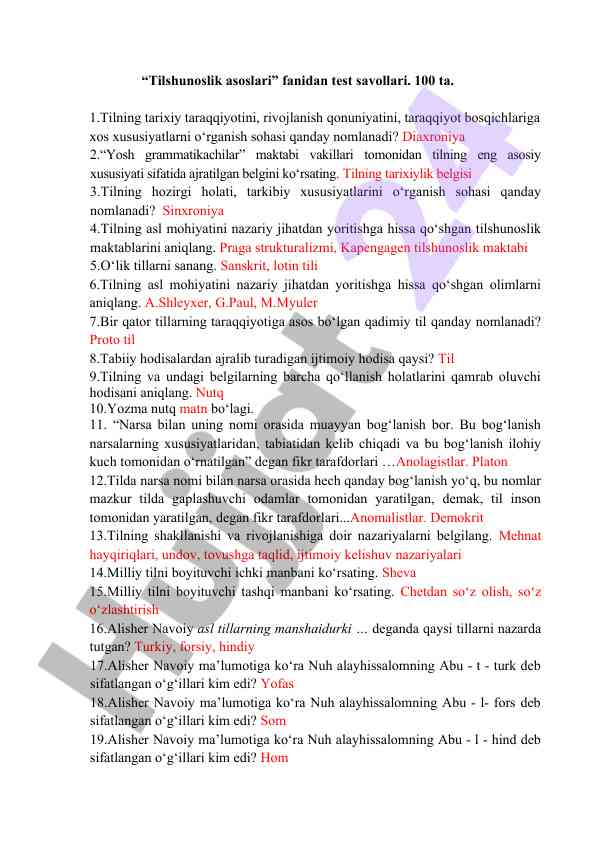 Tilshunoslik asoslari fanidan test savollari