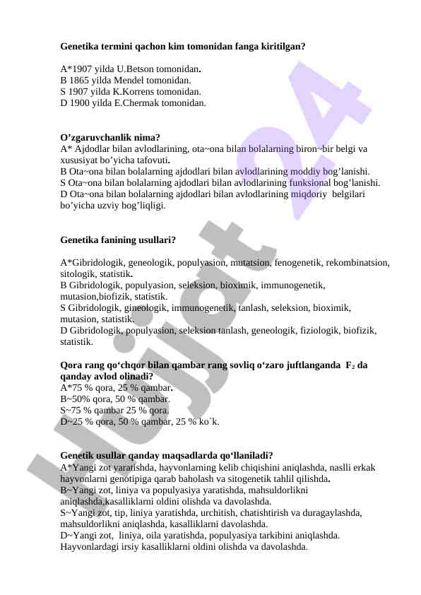 Genetika faniga oid savollar va javoblar