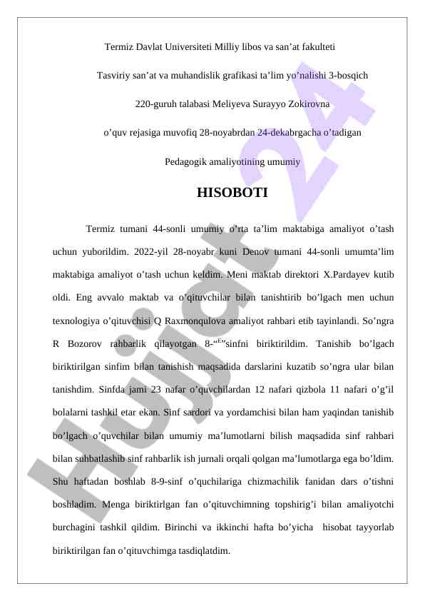 Pedagogik amaliyot hisoboti: ta’lim tajribasi