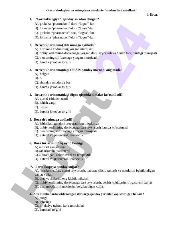 Farmakologiya va retseptura asoslari test savollari