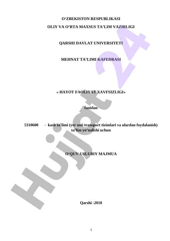 Hayot faoliyat xavfsizligi o‘quv-uslubiy majmua