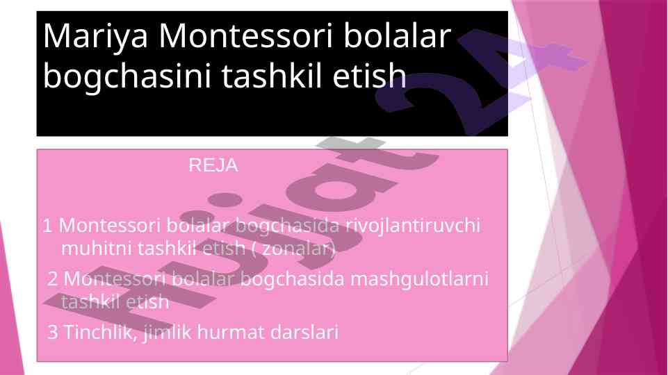 Montessori bolalar bog‘chasi tashkil etish rejasi