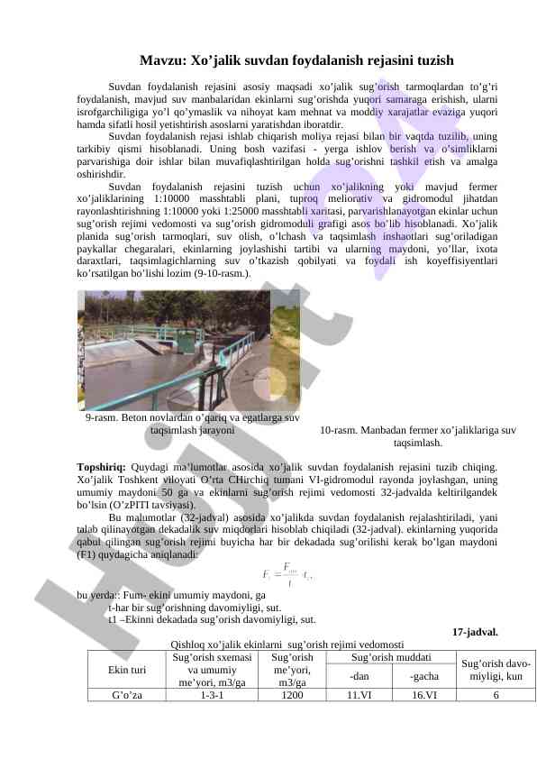 Xo’jalik suvdan foydalanish rejasini tuzish