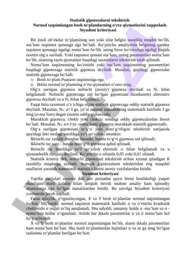 Statistik gipotezalarni tahlil qilish usullari