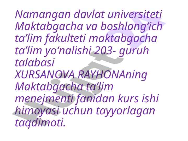 Maktabgacha taʼlim menejmenti fanidan kurs ishining taqdimoti