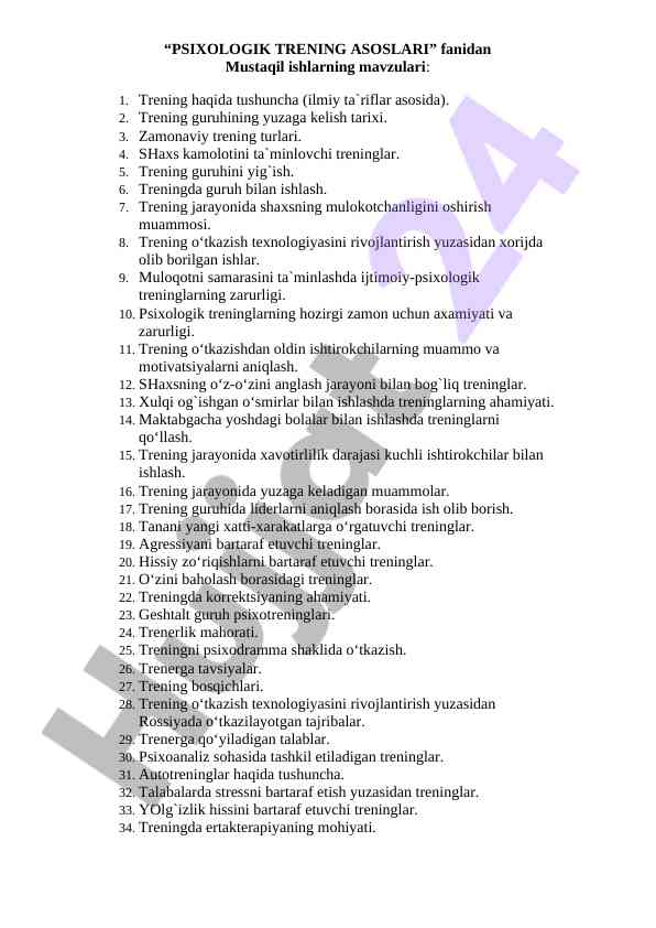 Psixologik trening asoslari mavzulari