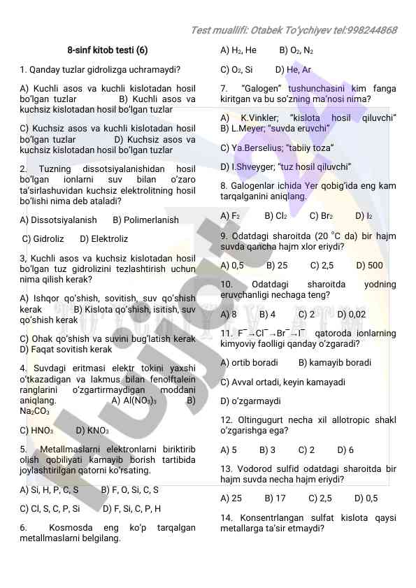 7-sinf kimyo test savollari va javoblari