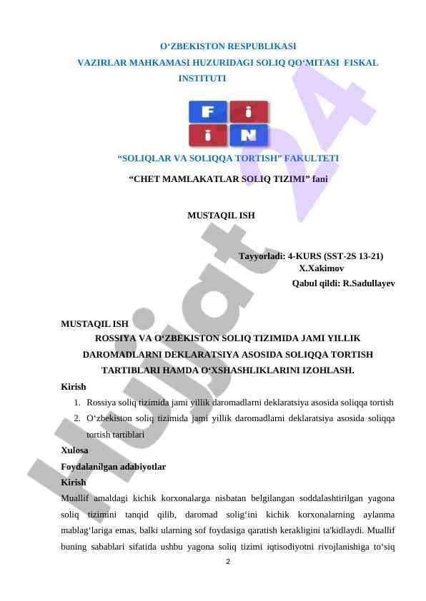 O‘zbekiston va rossiya soliq tizimida jami yillik daromadlar
