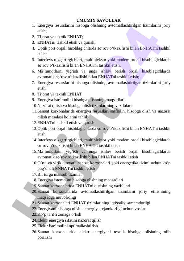 Avtomatlashtirilgan tizimlar energiya resurslarini hisobga olish