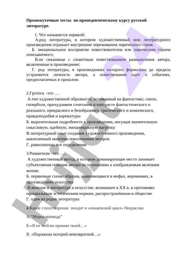 Промежуточные тесты по русской литературе