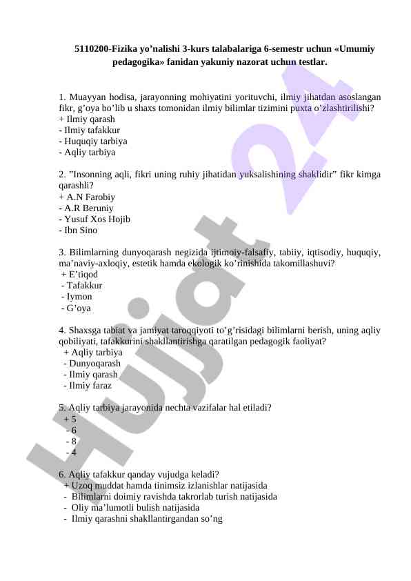 Umumiy pedagogika fanidan yakuniy nazorat testlari