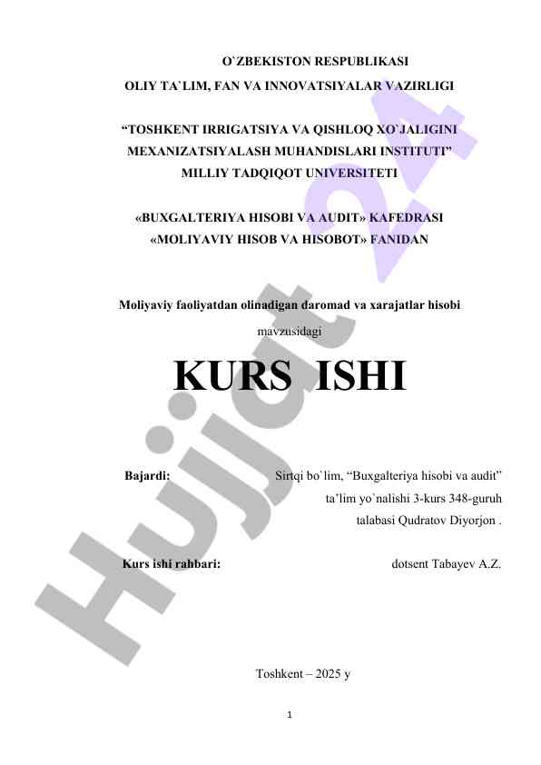 Moliyaviy faoliyat hisobi bo'yicha kurs ishlari