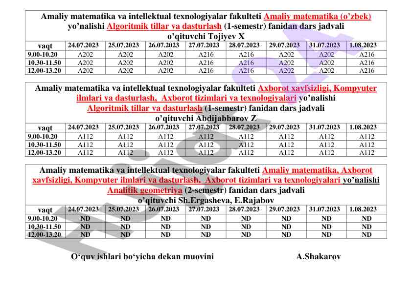 Algoritmik tillar va dasturlash dars jadvali