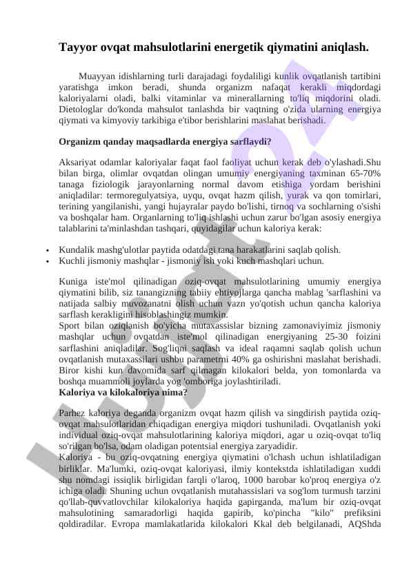 Energiya qiymatini aniqlash va foydalilik tahlili