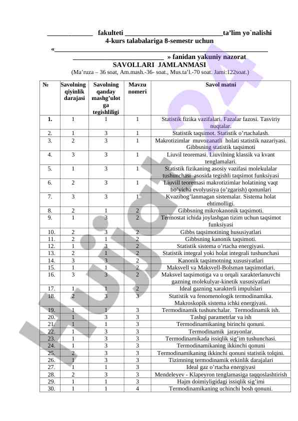 Statistik fizika fanidan yakuniy nazorat savollari
