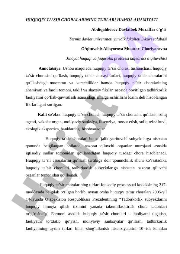 Huquqiy ta’sir choralarining turlari va ahamiyati