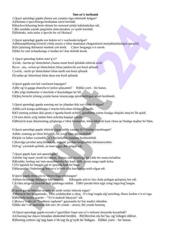 Son so’z turkumlari bo’yicha test savollari