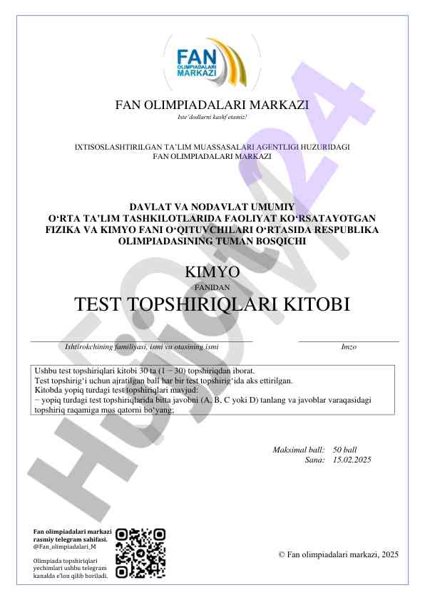 Respublika olimpiadasi kimyo fanidan test topshiriqlari