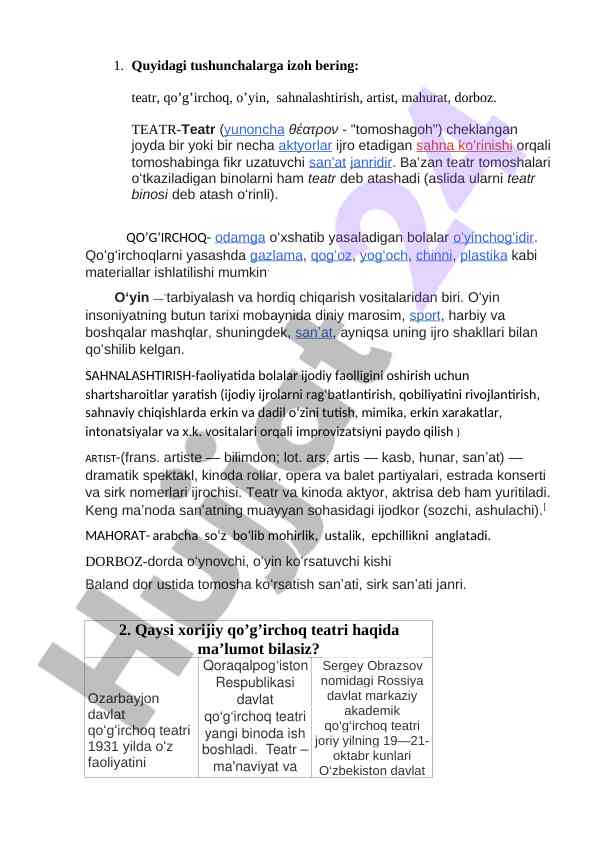 Teatr, qo’g’irchoq va o’yin tushunchalari