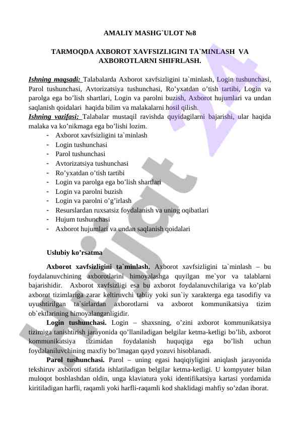 Amaliy mashg‘ulot 8 axborot xavfsizligini ta’minlash