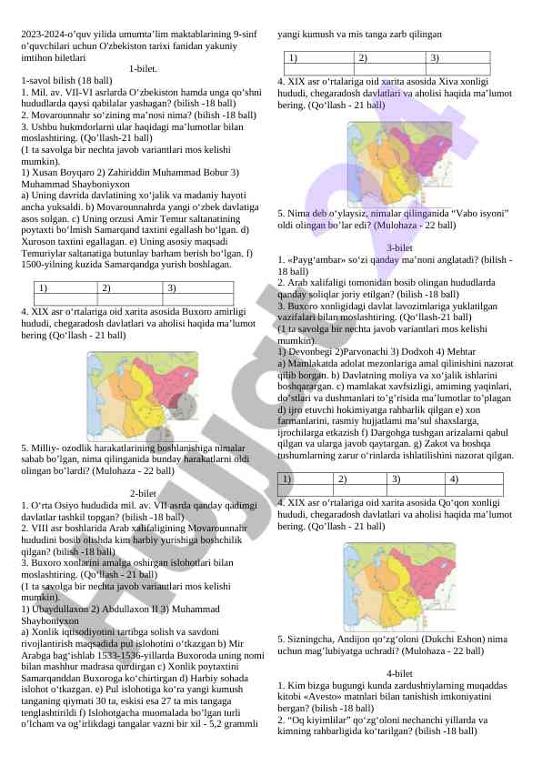 2023-2024 o'zbekiston tarixi imtihon biletlari 9-sinf