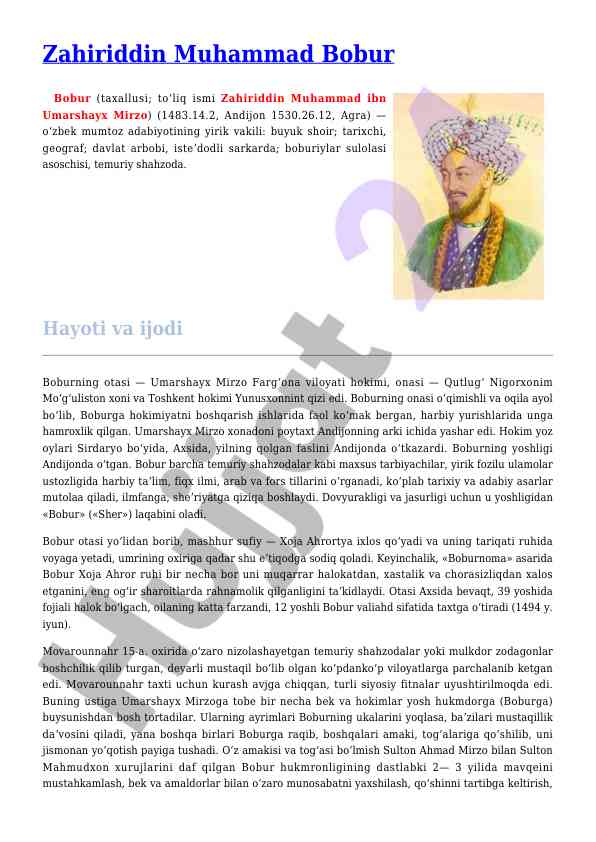 Zahiriddin muhammad bobur: o'zbek adabiyotining vakili