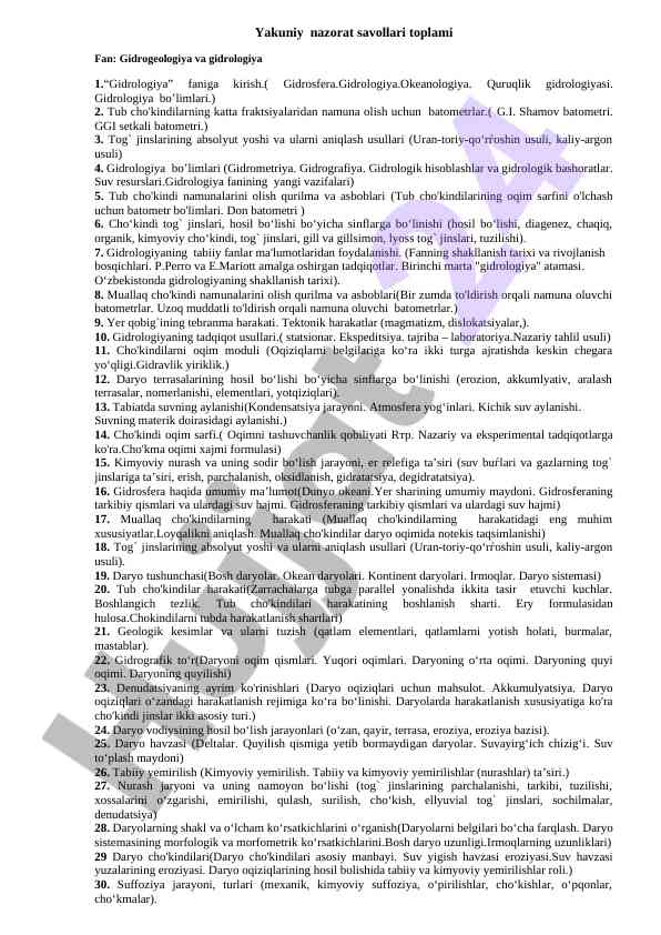 Gidrogeologiya va gidrologiya yakuniy nazorat savollari