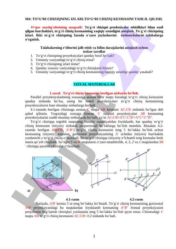 To‘g‘ri chiziqning izlari va kesmasini tahlil qilish