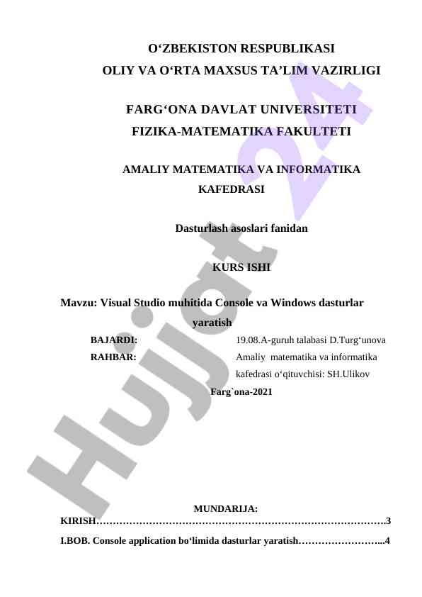 Visual studio muhitida dasturlash asoslari