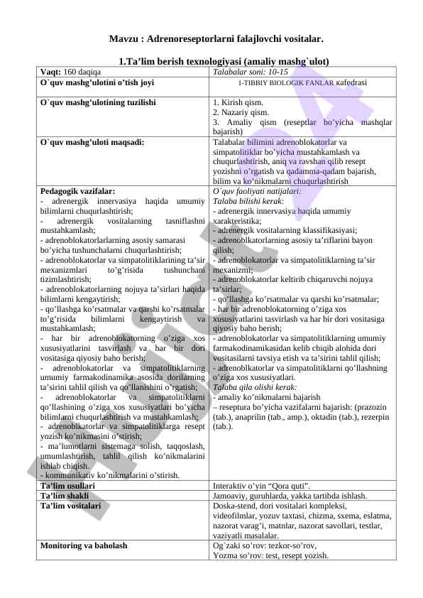 Adrenoreseptorlarni falajlovchi vositalar bo‘yicha amaliy mashg‘ulot