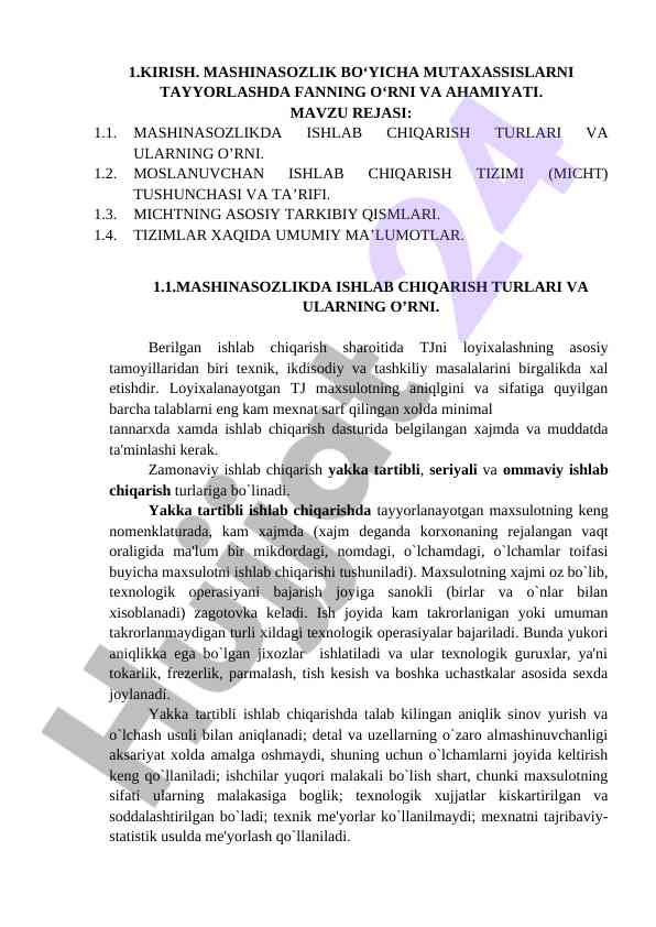 Mashinasozlik bo‘yicha mutaxassislarni tayyorlash