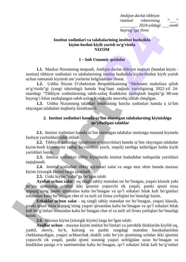 Andijon tibbiyot institutida kiyim bosh nizomi