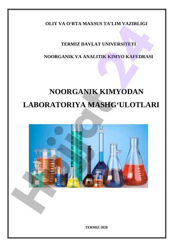 Noorganik kimyodan laboratoriya mashg‘ulotlari uslubiy qo‘llanma