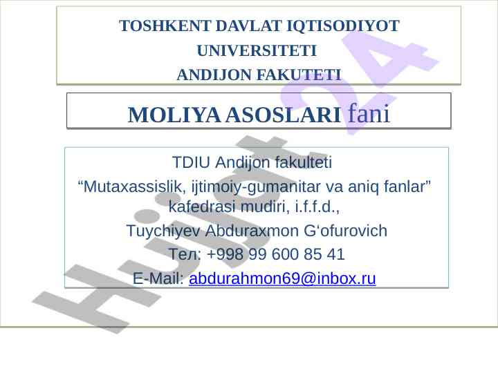Moliya asoslari fani: kirish mavzusi va vazifalari