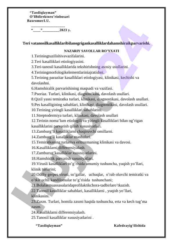 Teri tanosil kasalliklari va hamshiralik parvarishi