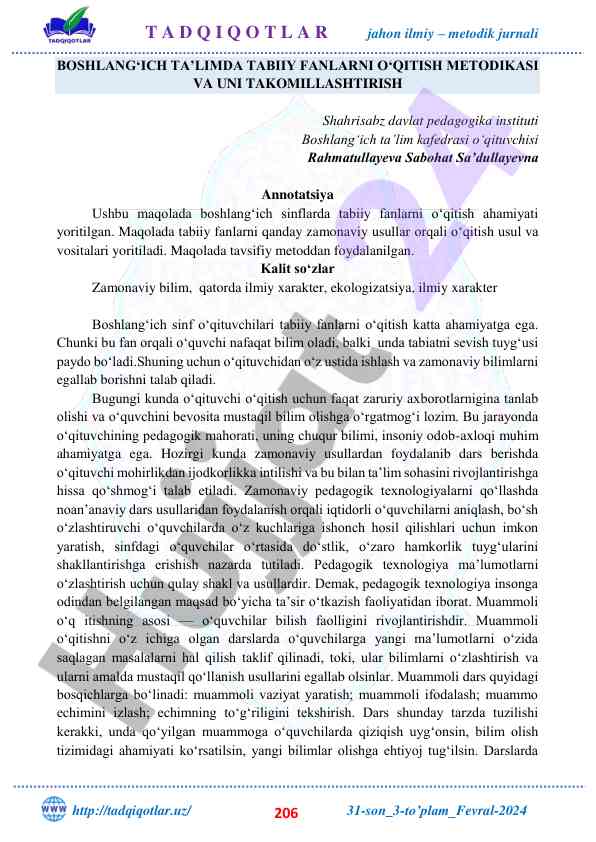 Boshlang‘ich ta’limda tabiiy fanlarni o‘qitish metodikasi