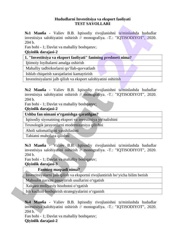 Hududlarni investitsiya faoliyati test savollari