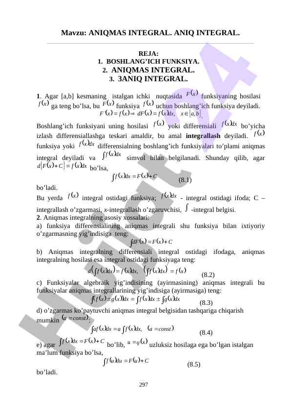 Aniqmas integral mavzusi bo'yicha kurs ishlari