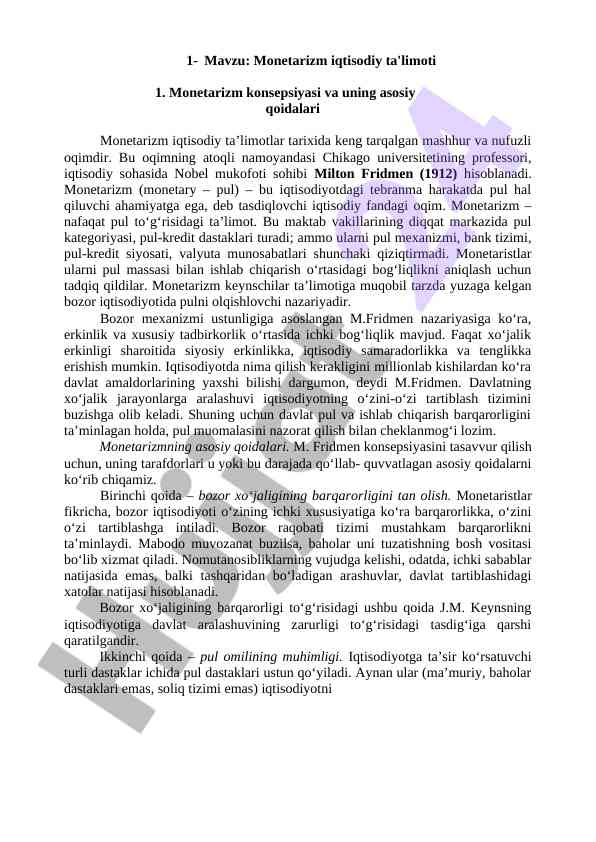 Monetarizm iqtisodiy ta'limoti