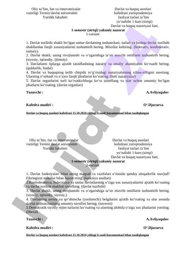 Davlat va huquq nazariyasi 1-semestr yakuniy nazorat