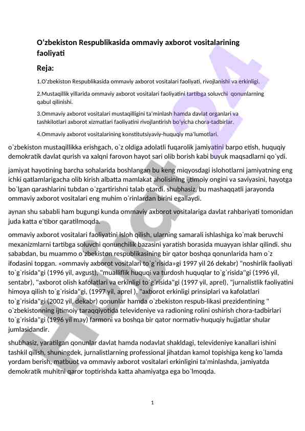 Ommaviy axborot vositalarining faoliyati o‘zbekiston