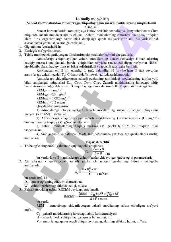 Zaharli gazlar va ifloslantiruvchi moddalarni hisoblash