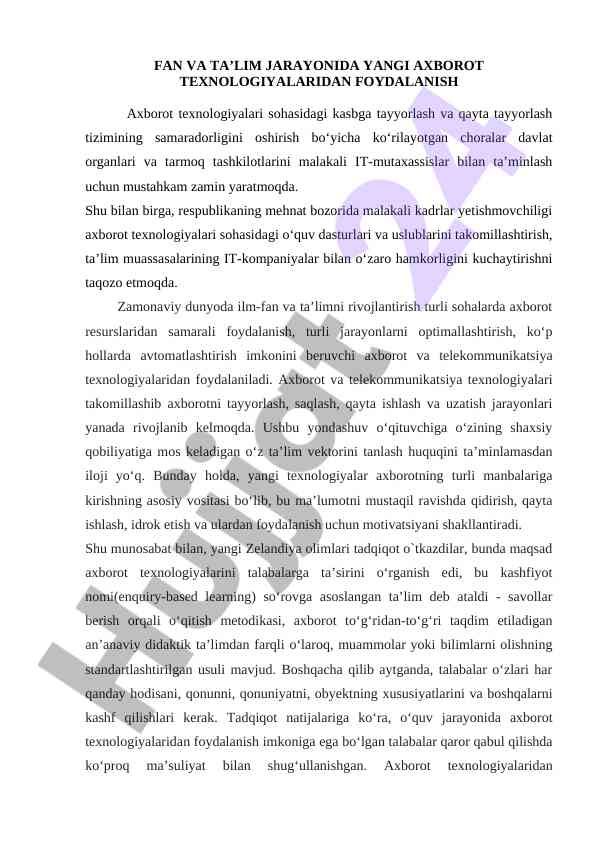 Axborot texnologiyalaridan foydalanish toshkentda