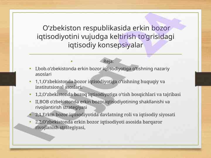 O‘zbekiston iqtisodiyotida erkin bozor asoslari